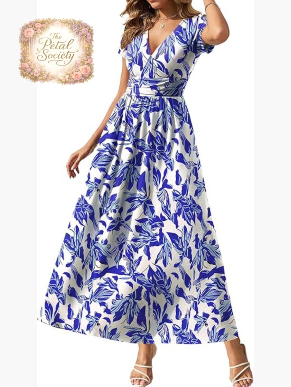 Women's Maxi Dress with Pockets V Neck Short Sleeve Casual Summer Sundress
